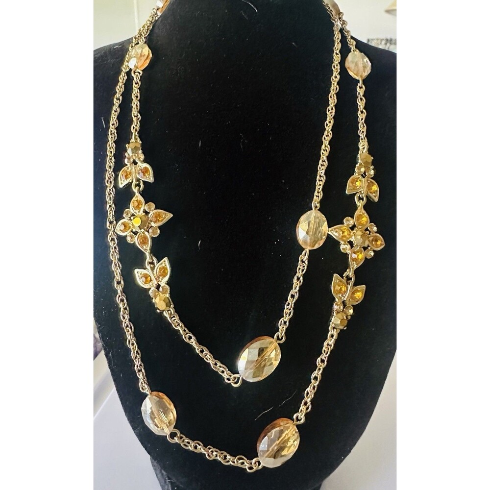 Monet Long Gold Tone Necklace Peach Champagne Crystal Beads Floral Rhinestone